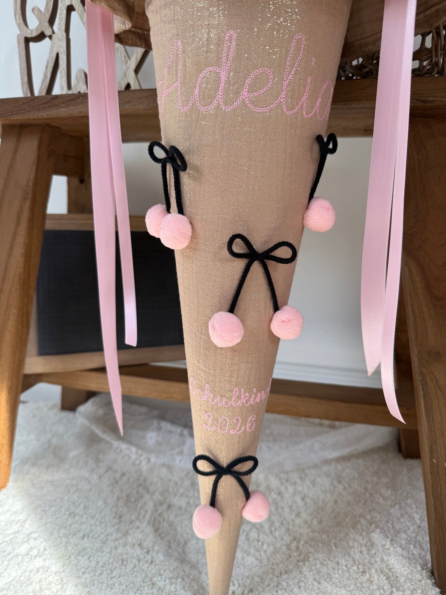 Musselin Schultüte Beige Gold für Mädchen 70 cm mit Kirschen, optional mit Kisseninlett