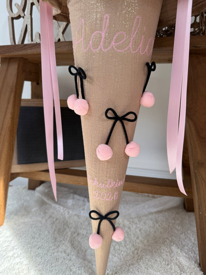 Musselin Schultüte Beige Gold für Mädchen 70 cm mit Kirschen, optional mit Kisseninlett