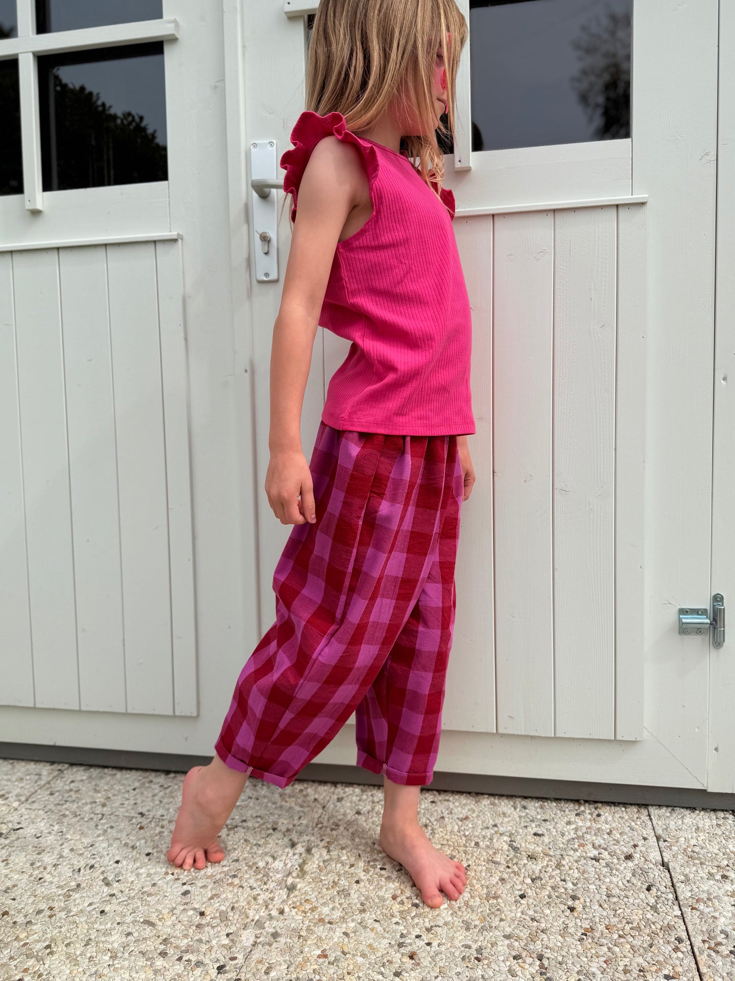 Karierte Hose, Loose Fit Hose Kinderhose, Weite Passform, Karohose Karo Rot/Pink