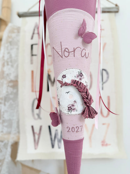 Musselin Schultüte 70cm, Einhorn mit Schmetterlingen,  Altrosa goldene Punkte, Mauve – personalisiert inkl. Rohling optional mit Pompon-Tüllschleife & Inlett Kissen
