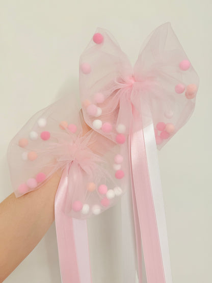 Pompon-Tüllschleife, Rosa, Schleife passend für Schultüten ab 70 cm, Kita- & Geschwistertüten ab 35 cm