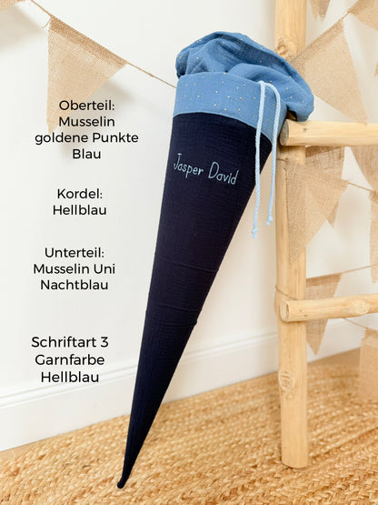 Basic Musselin Schultüte goldene Punkte 70 cm, viele Farben, gold Punkte, personalisierbar, Kisseninlett optional