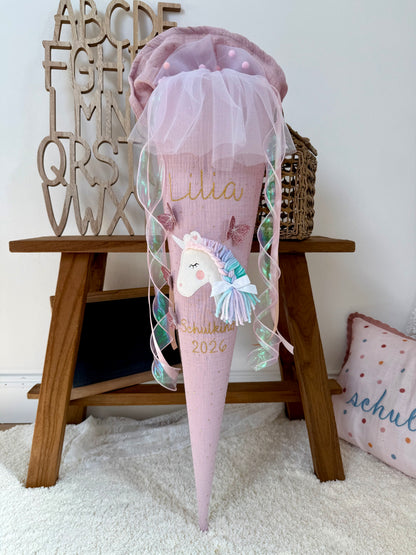 Musselin Schultüte Altrosa goldene Punkte für Mädchen 70cm, Einhorn mit Schmetterlingen – personalisiert inkl. Rohling optional mit Inlett Kissen | Schultüte aus Stoff