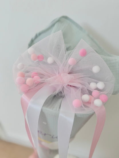 Pompon-Tüllschleife, Rosa, Schleife passend für Schultüten ab 70 cm, Kita- & Geschwistertüten ab 35 cm