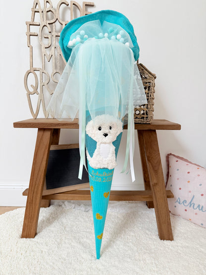 Musselin Schultüte 70 cm Türkis weißer Hund, Welpe zur Einschulung für Mädchen, optional mit Pompon-Tüllschleife und Kisseninlett