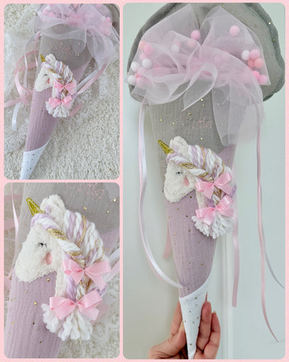 Musselin Kita- & Geschwistertüte 35 cm, Bonbon Design mit Wuschelkopf-Einhorn, goldenen Punkten, optional mit Inlettkissen