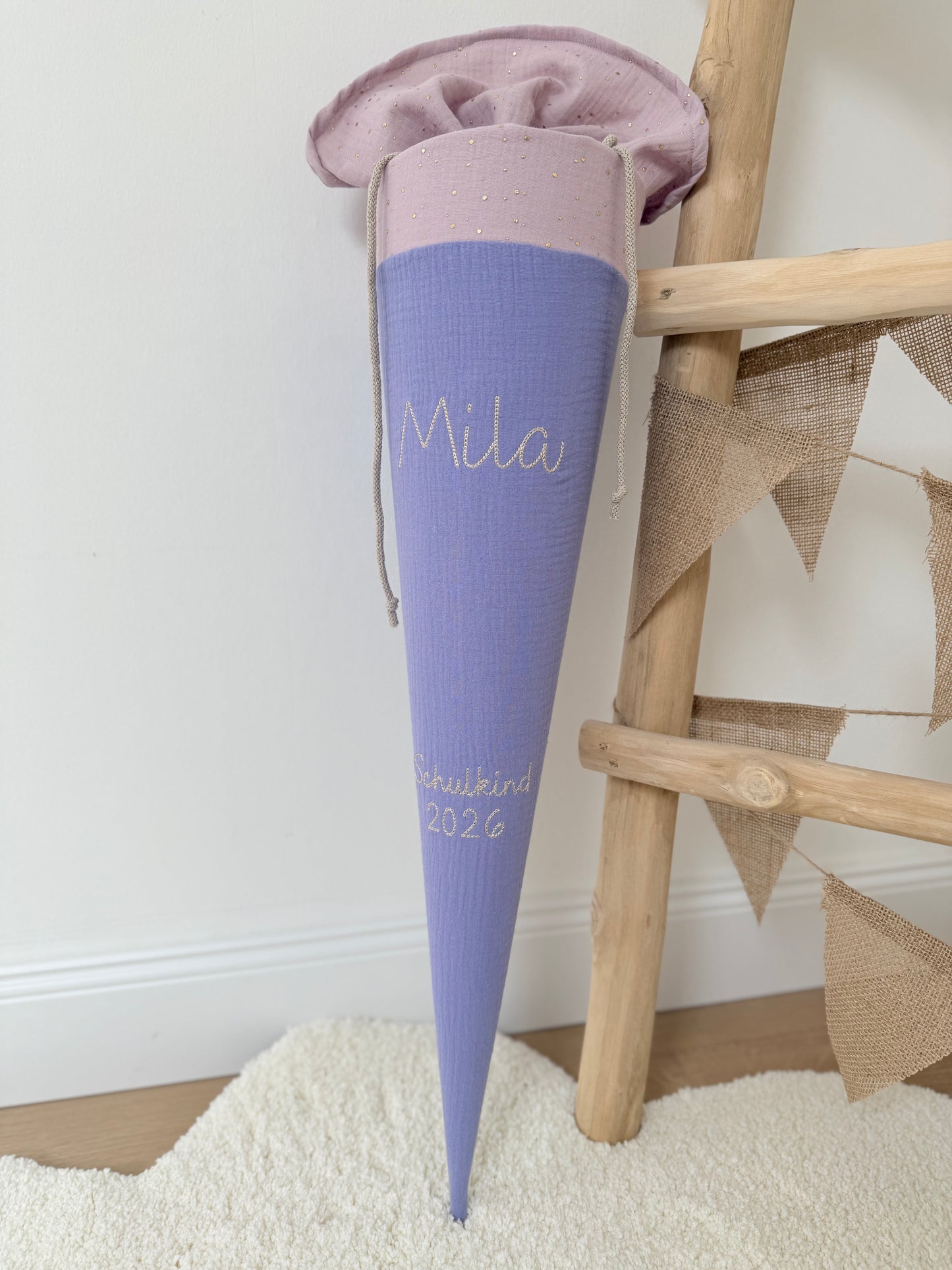 Basic Musselin Schultüte goldene Punkte 70 cm, viele Farben, gold Punkte, personalisierbar, Kisseninlett optional