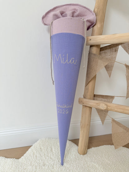 Basic Musselin Schultüte goldene Punkte 70 cm, viele Farben, gold Punkte, personalisierbar, Kisseninlett optional