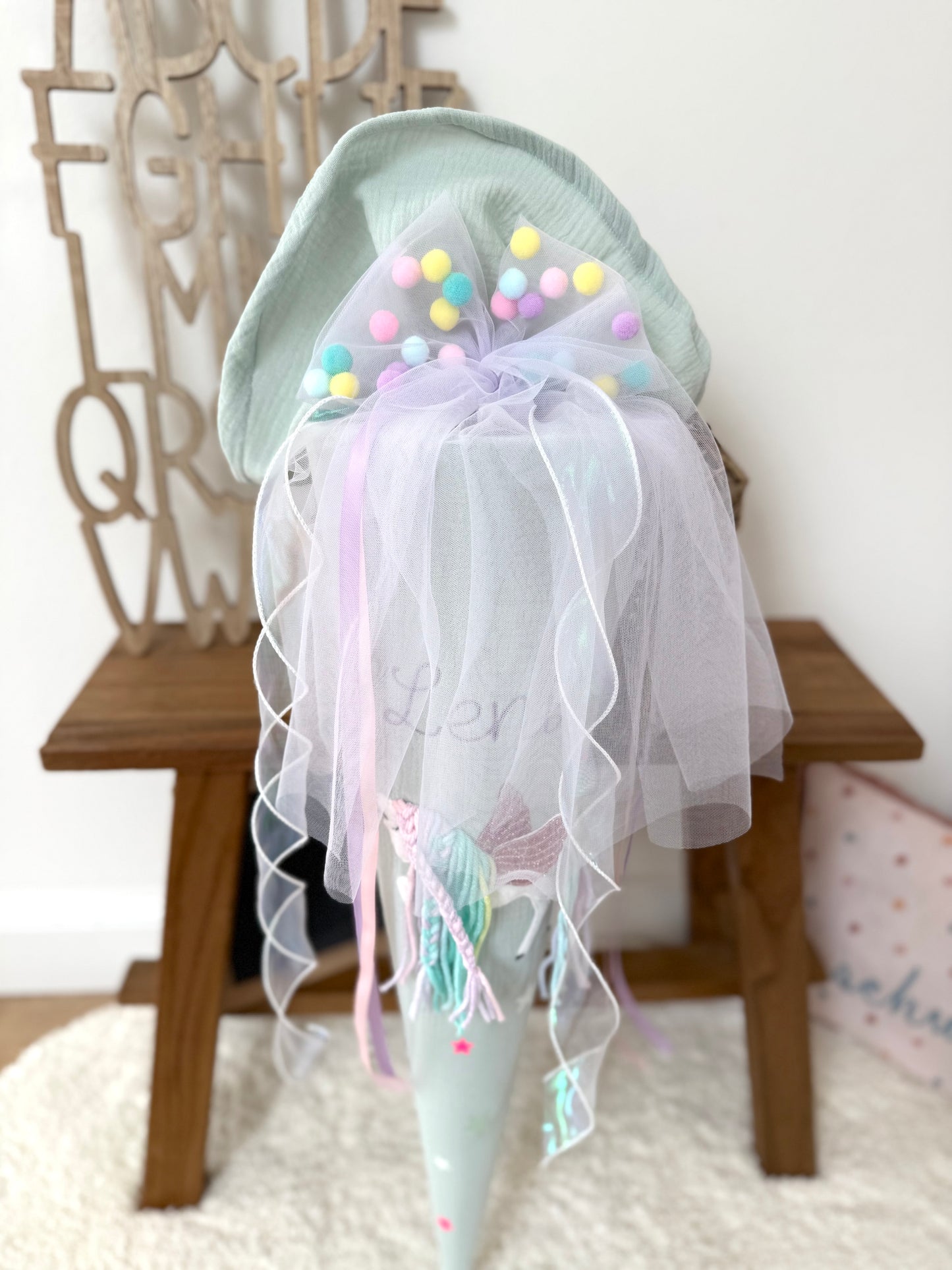 Pompon-Tüllschleife Rosa für Schultüten ab 70 cm & 35 cm, Schleife für Schultüten Kita- und Geschwistertüten