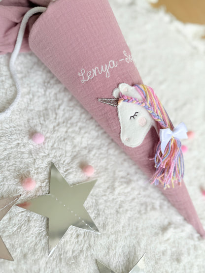 Dein Design | Musselin Kitatüte Geschwistertüte 35 cm | Einhorn Regenbogenmähne | Kissen Inlett