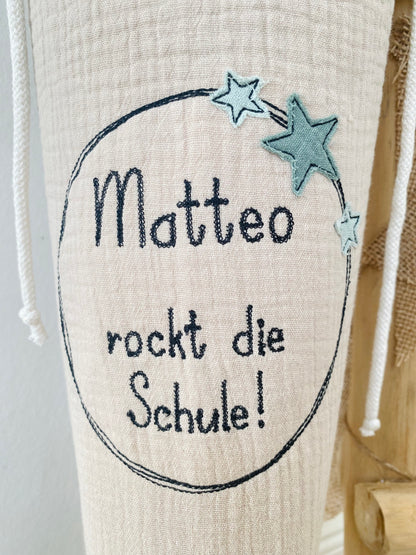 Dein Design | 70 cm Musselin Schultüte  „rockt die Schule!“ | Color Blocking | Kissen Inlett