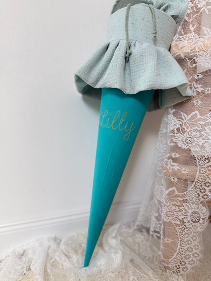 Basic Musselin Schultüte mit Rüsche und goldenen Punkten 70 cm, viele Farben, personalisierbar, Kisseninlett optional