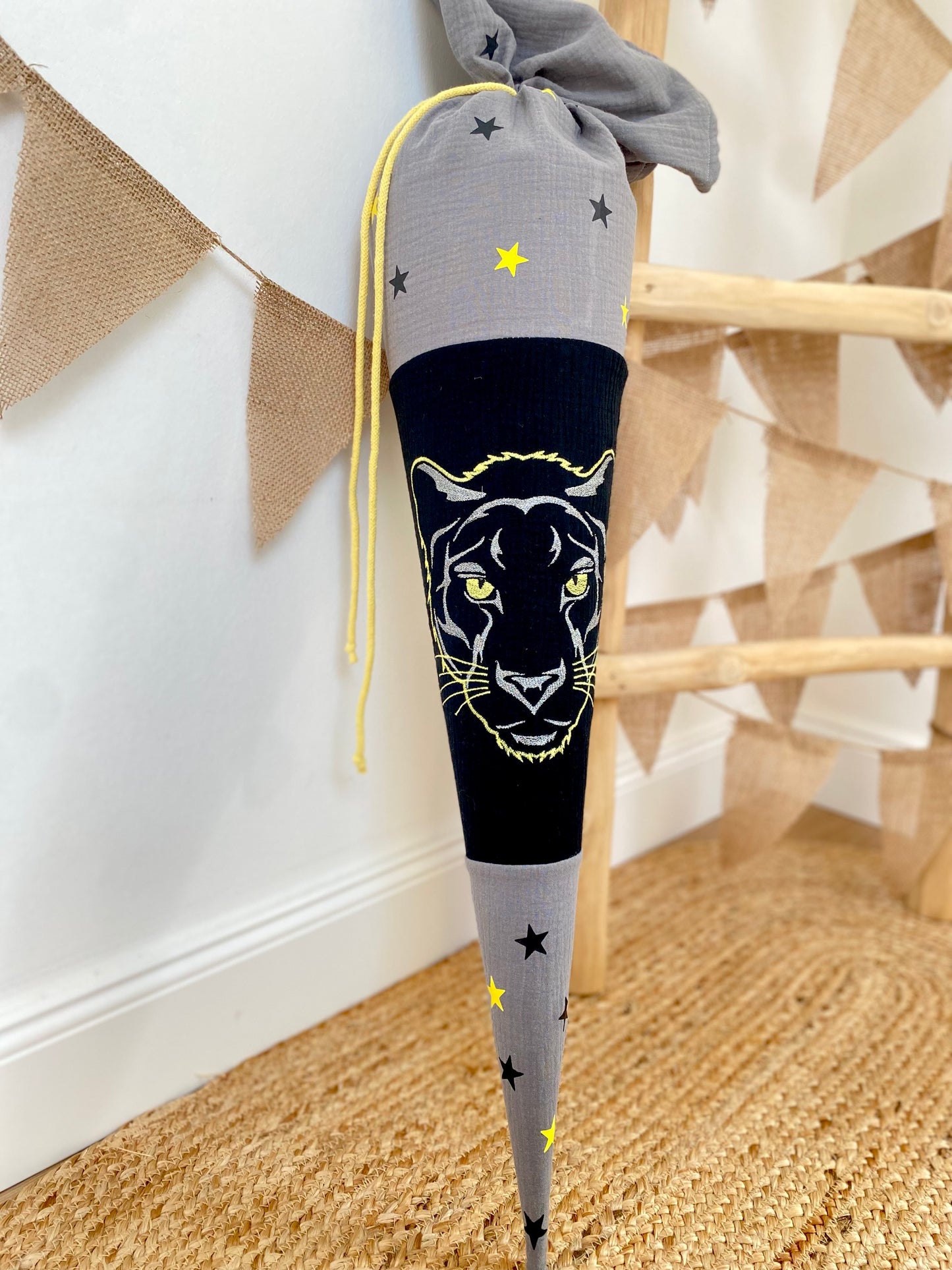 Musselin Schultüte Panther 70 cm | Geschwistertüte 35 cm | Kissen Inlett