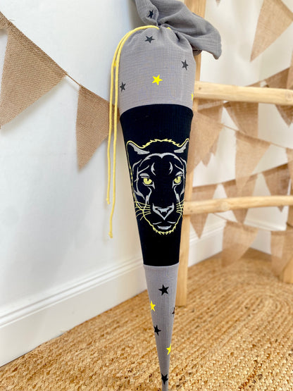 Musselin Schultüte Panther 70 cm | Geschwistertüte 35 cm | Kissen Inlett