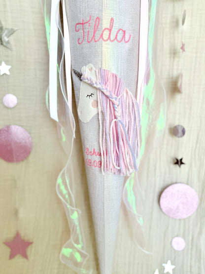Schultüte 70 cm | Einhorn | Pompom Schleife Regenbogen Musselin | Holographische Effekte | Kissen Inlett
