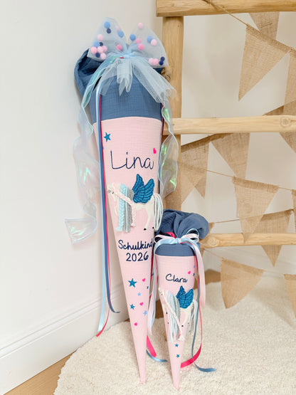 Blau/Rosa Tüllschleife - Pompon Schleife für Schultüte (70 cm), Kita- & Geschwistertüten (35 cm)