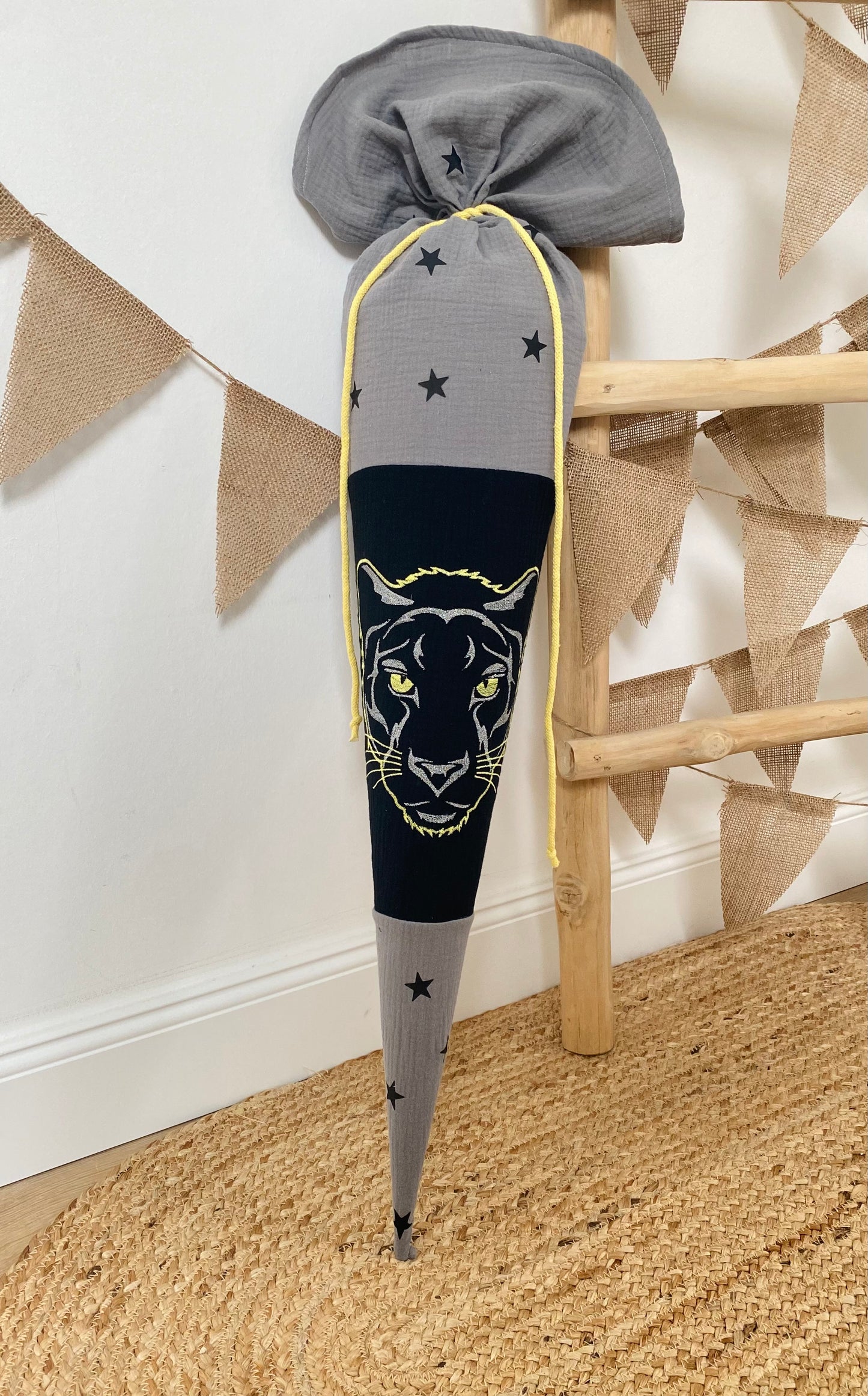 Musselin Schultüte Panther 70 cm | Geschwistertüte 35 cm | Kissen Inlett