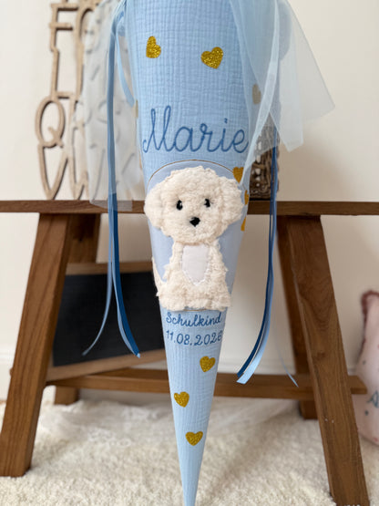 Musselin Schultüte 70 cm Blau für Mädchen mit Pompon-Tüllschleife, weißer Hund, Welpe zur Einschulung - optional mit Kisseninlett
