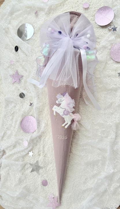 Zirkuspferd Musselin Schultüte 70 cm inkl. Pompon-Tüllschleife, personalisierbar zur Einschulung optional Kissen-Inlett