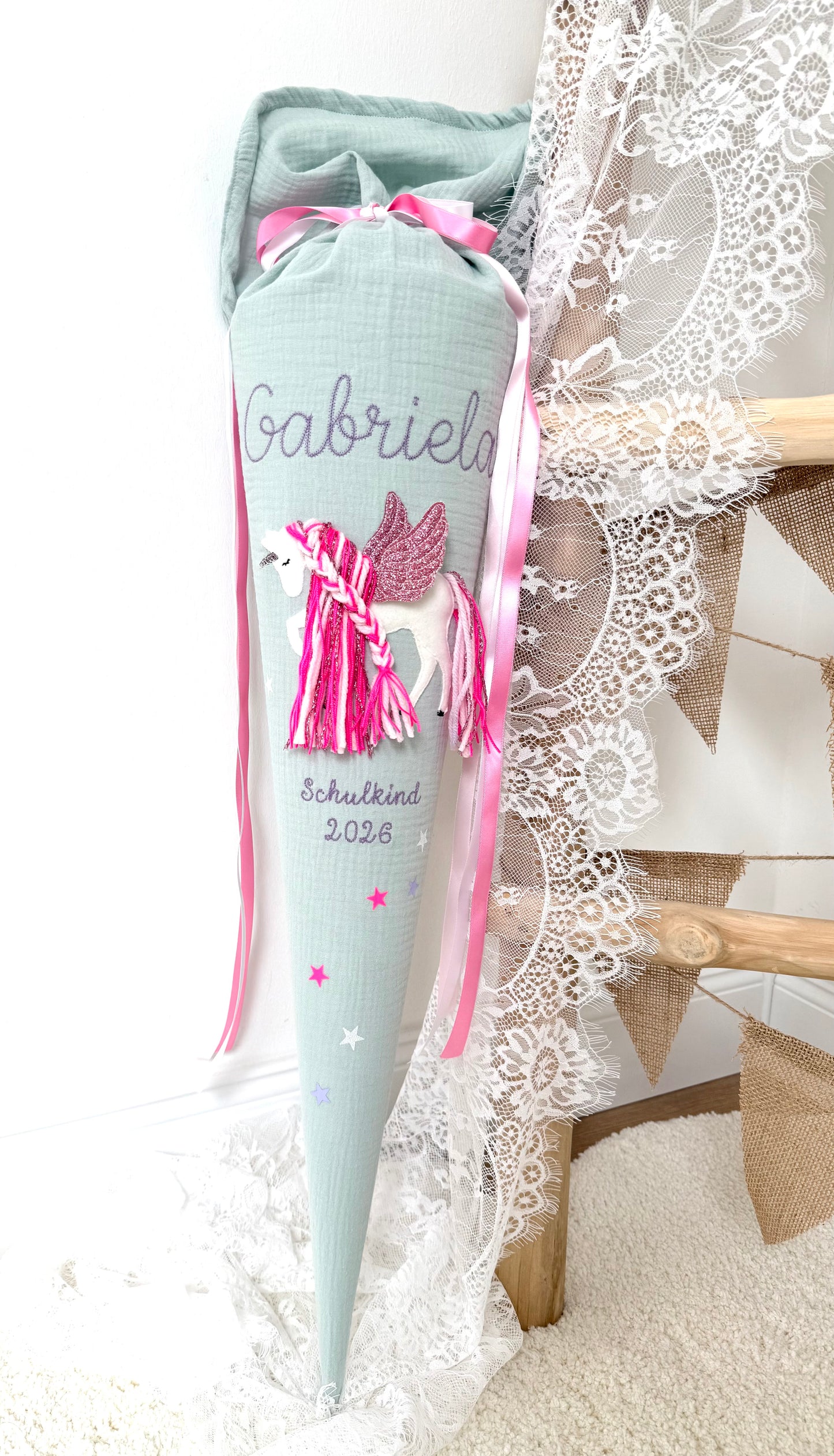 Musselin Schultüte 70 cm & Kita/Geschwistertüte 35 cm | Einhorn mit Flügeln | Pegasus mit Pinker Mähne Rose glitzernd | Kissen Inlett