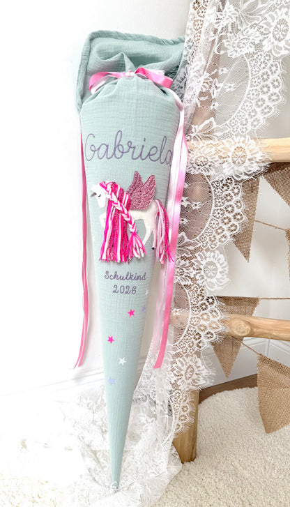 Musselin Schultüte 70 cm & Kita/Geschwistertüte 35 cm | Einhorn mit Flügeln | Pegasus mit Pinker Mähne Rose glitzernd | Kissen Inlett