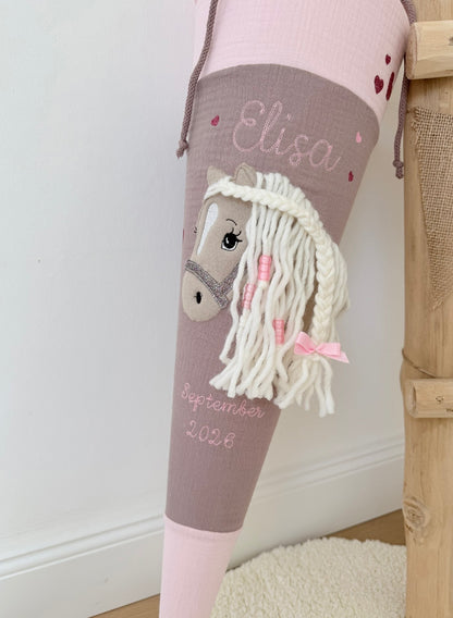 Musselin Schultüte für Mädchen mit Pferd | Haflinger – personalisiert inkl. Rohling optional mit Inlett Kissen | Schultüte aus Stoff