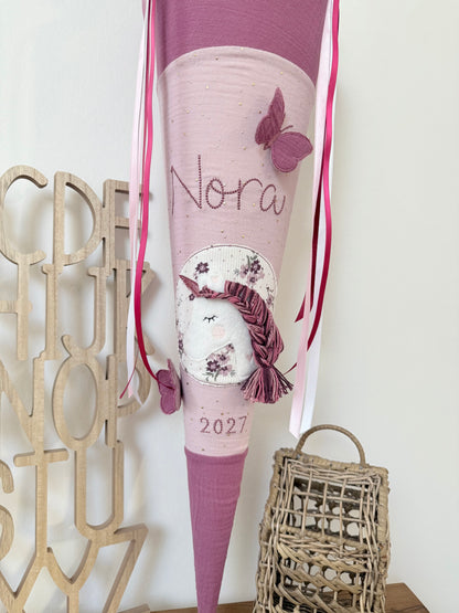 Musselin Schultüte 70cm, Einhorn mit Schmetterlingen,  Altrosa goldene Punkte, Mauve – personalisiert inkl. Rohling optional mit Pompon-Tüllschleife & Inlett Kissen