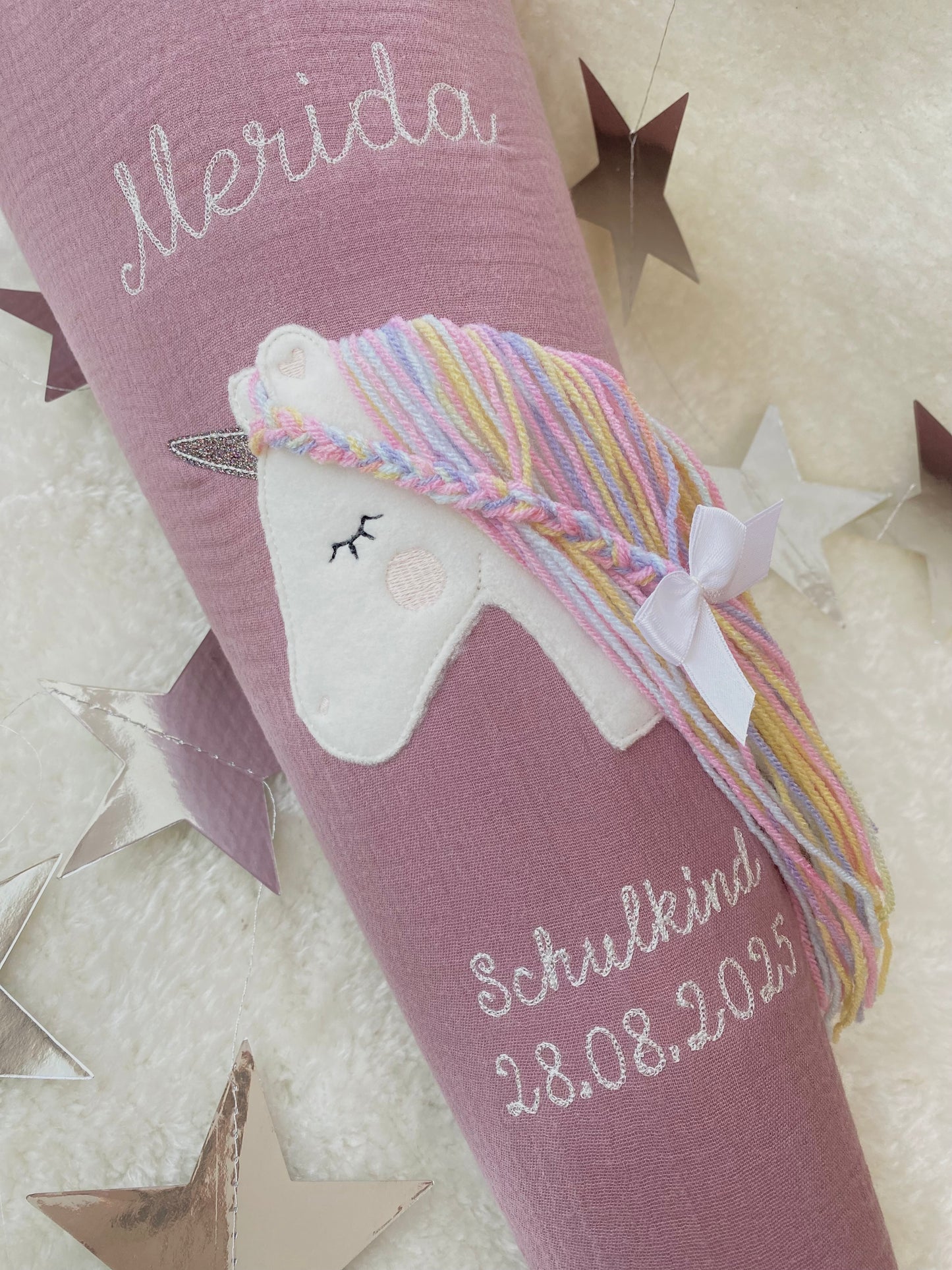 Musselin Schultüte 70 cm | Einhorn Regenbogenmähne | Kissen Inlett