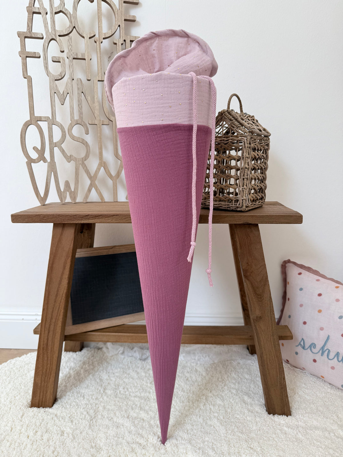 ✨ BESTSELLER ✨ Basic Musselin Schultüte 70 cm – personalisierbar, individuelle Farbauswahl, goldene Punkte, für Jungen und Mädchen