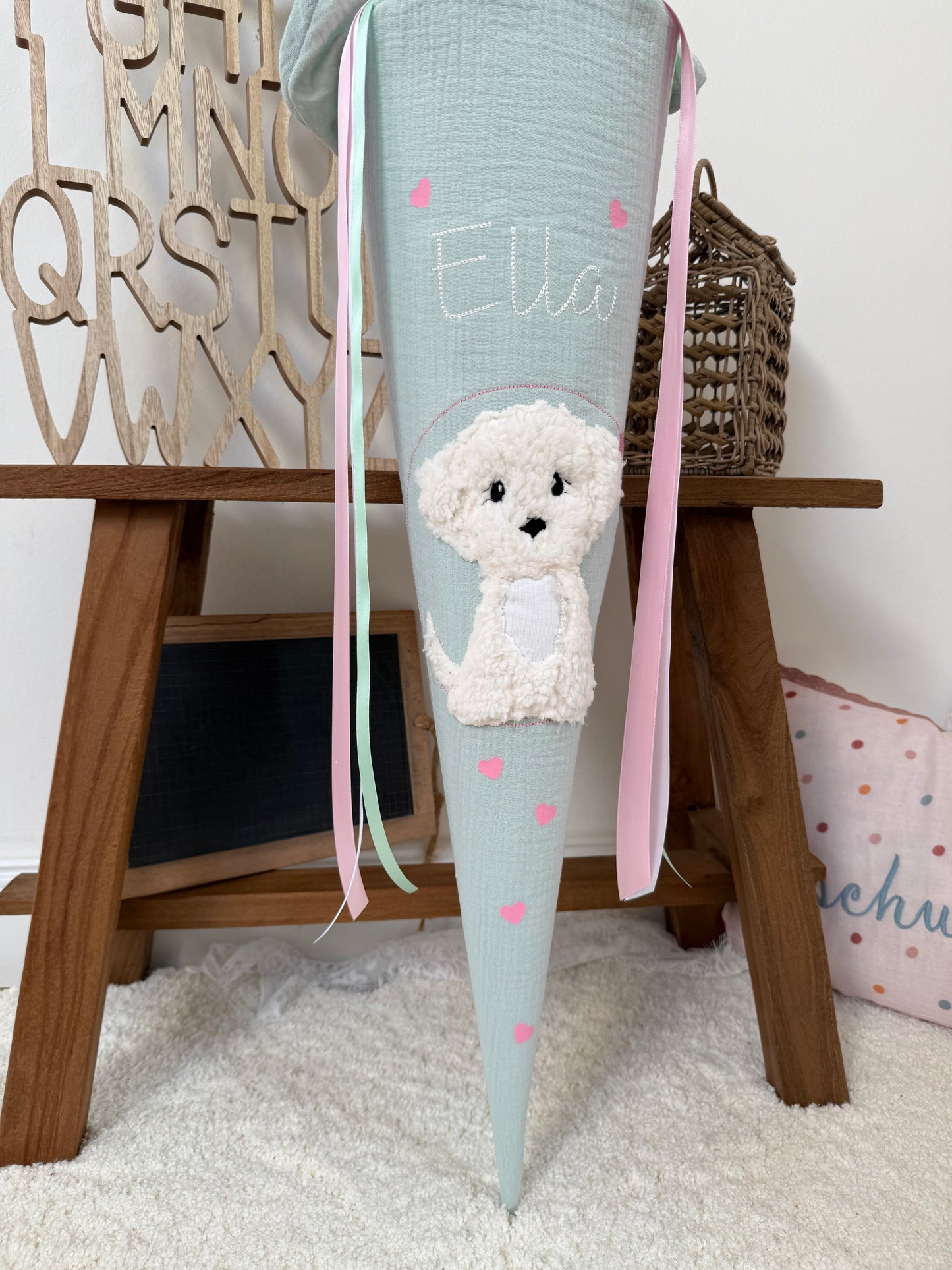 Musselin Schultüte 70 cm Mint, Rosa Herzen, Hund, Welpe zur Einschulung für Mädchen, optional mit Pompon-Tüllschleife und Kisseninlett