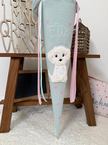 Musselin Schultüte 70 cm Mint, Rosa Herzen, Hund, Welpe zur Einschulung für Mädchen, optional mit Pompon-Tüllschleife und Kisseninlett