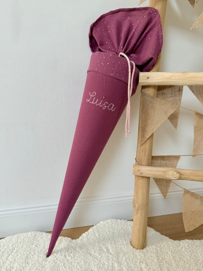 Basic Musselin Schultüte goldene Punkte 70 cm, viele Farben, gold Punkte, personalisierbar, Kisseninlett optional