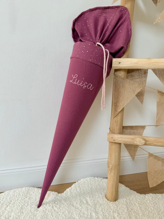 Basic Musselin Schultüte goldene Punkte 70 cm, viele Farben, gold Punkte, personalisierbar, Kisseninlett optional