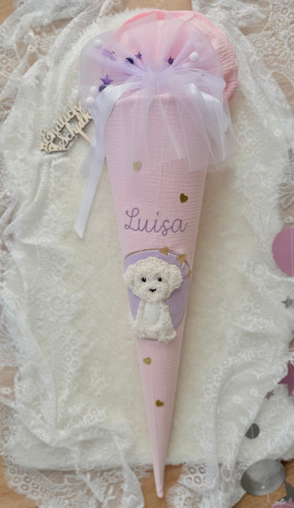 Musselin Schultüte 70 cm | weißer Hund | Welpe | Kisseninlett