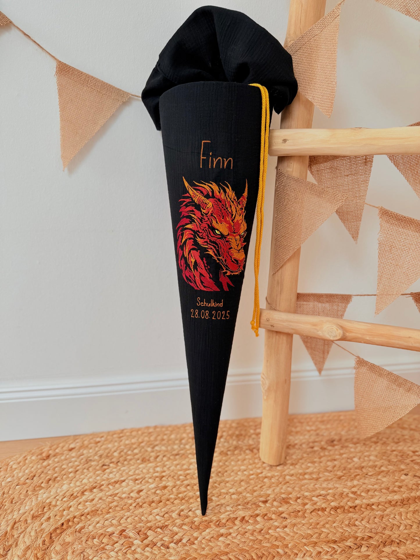 Musselin Schultüte 70 cm | Feuerdrache Drache | Kissen Inlett