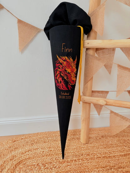 Musselin Schultüte 70 cm | Feuerdrache Drache | Kissen Inlett
