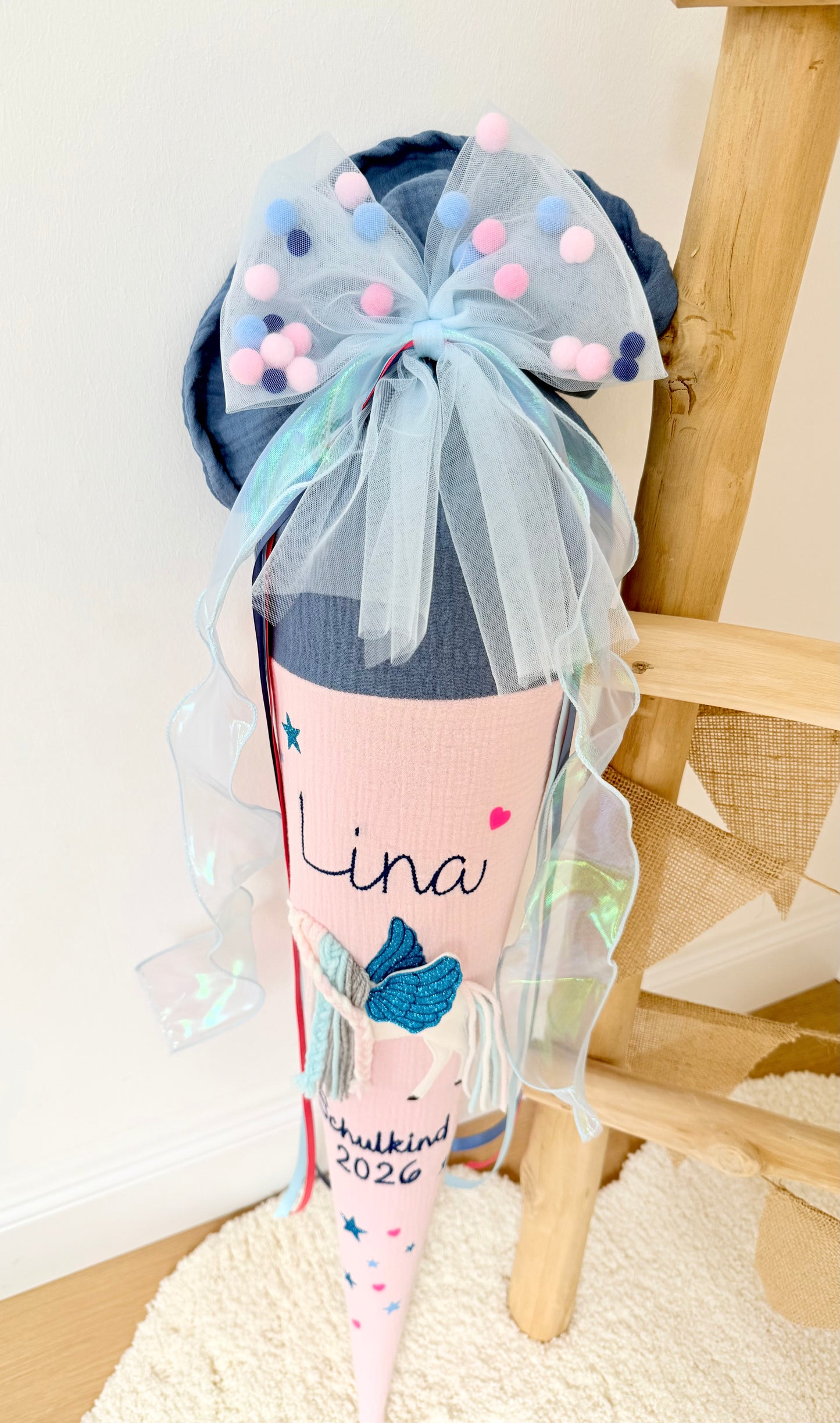 Blau/Rosa Tüllschleife - Pompon Schleife für Schultüte (70 cm), Kita- & Geschwistertüten (35 cm)