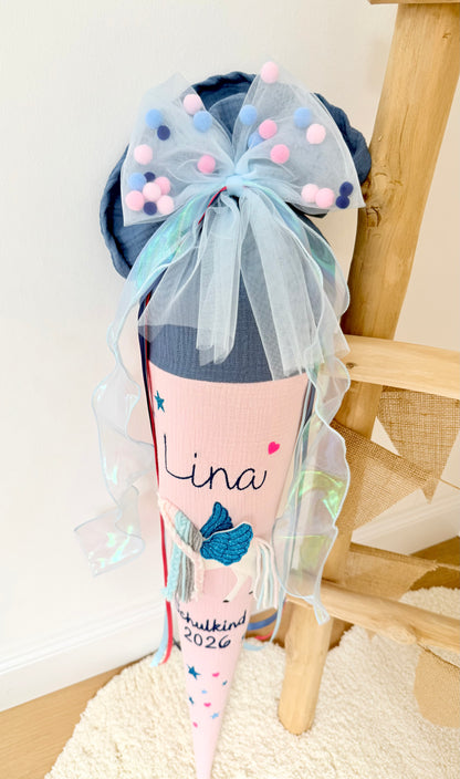 Blau/Rosa Tüllschleife - Pompon Schleife für Schultüte (70 cm), Kita- & Geschwistertüten (35 cm)