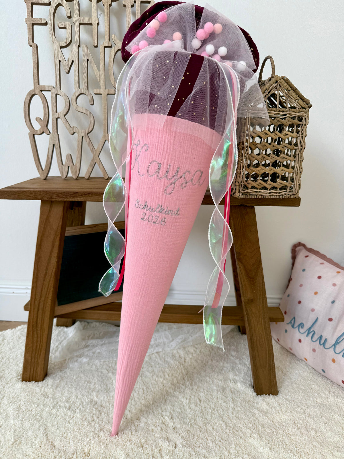 ✨ BESTSELLER ✨ Basic Musselin Schultüte 70 cm – personalisierbar, individuelle Farbauswahl, goldene Punkte, für Jungen und Mädchen