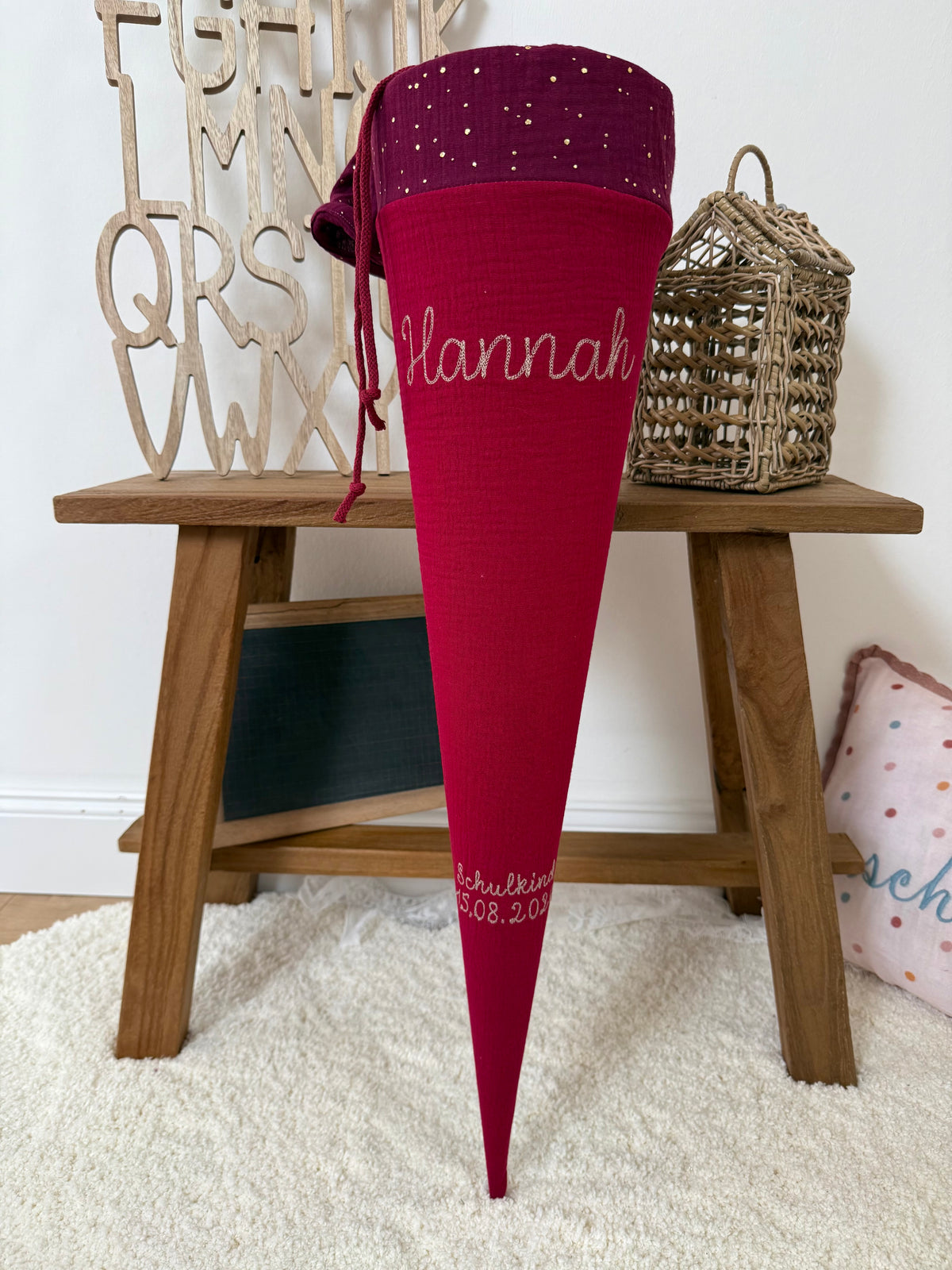 ✨ BESTSELLER ✨ Basic Musselin Schultüte 70 cm – personalisierbar, individuelle Farbauswahl, goldene Punkte, für Jungen und Mädchen