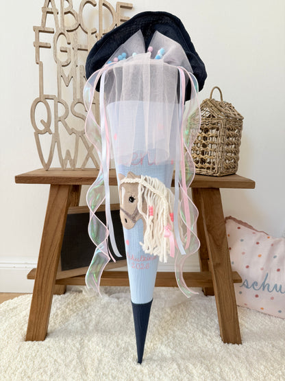 Musselin Schultüte 70 cm  Haflinger, Pferd, personalisiert inkl. Rohling- optional mit Pompon-Tüllschleife & Kissen