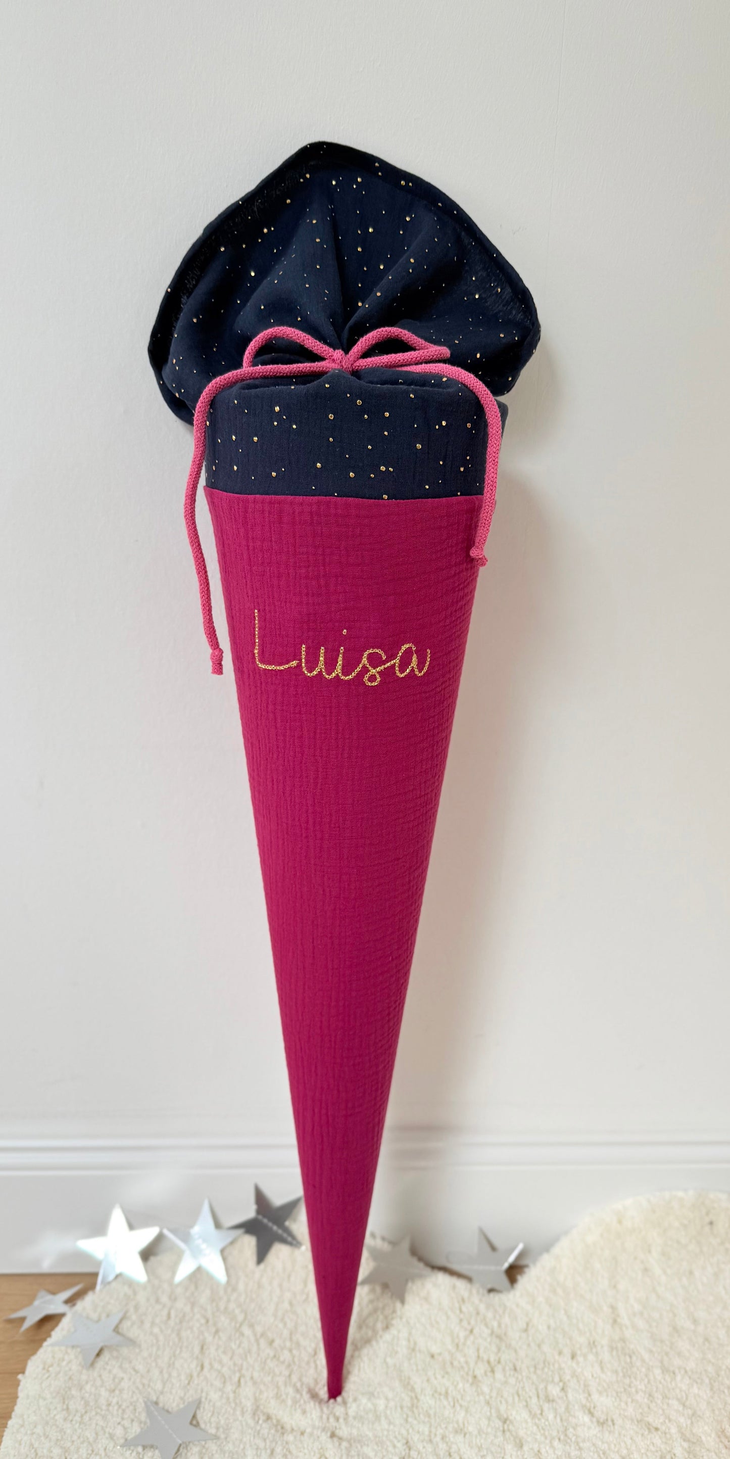 Basic Musselin Schultüte goldene Punkte 70 cm, viele Farben, gold Punkte, personalisierbar, Kisseninlett optional