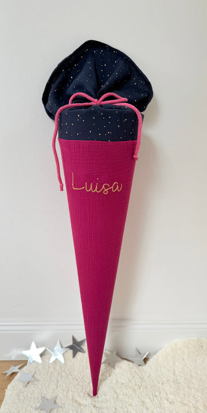 Basic Musselin Schultüte goldene Punkte 70 cm, viele Farben, gold Punkte, personalisierbar, Kisseninlett optional