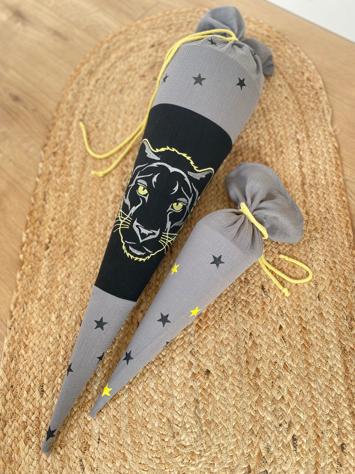 Musselin Schultüte Panther 70 cm | Geschwistertüte 35 cm | Kissen Inlett