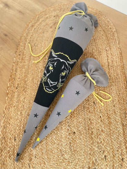 Musselin Schultüte Panther 70 cm | Geschwistertüte 35 cm | Kissen Inlett