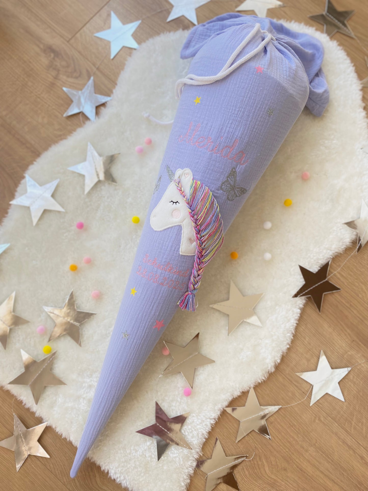 Musselin Schultüte 70 cm | Soft Dezent Pastel | Einhorn Glitzer Regenbogen Mähne | Kissen Inlett