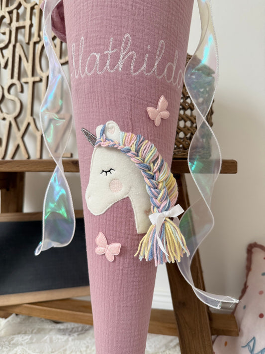 Musselin Schultüte 70 cm Altrosa | Einhorn mit Schmetterlingen, Pastellfarbene Regenbogenmähne - optinal mit Kisseninlett