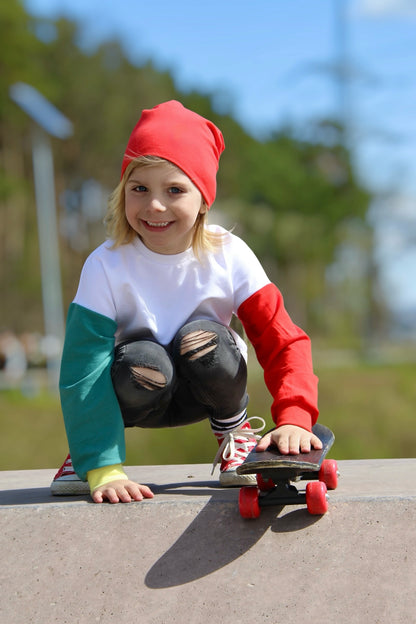 Oversized Kinder Sweater aus Sommersweat mit Smiley Good Vibes Applikationen, Pullover für Jungen