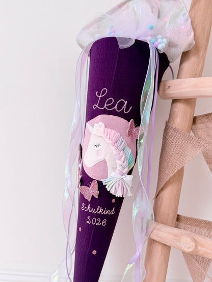 Musselin Schultüte für Mädchen 70cm, Einhorn mit Schmetterlingen – personalisiert inkl. Rohling optional mit Inlett Kissen | Schultüte aus Stoff