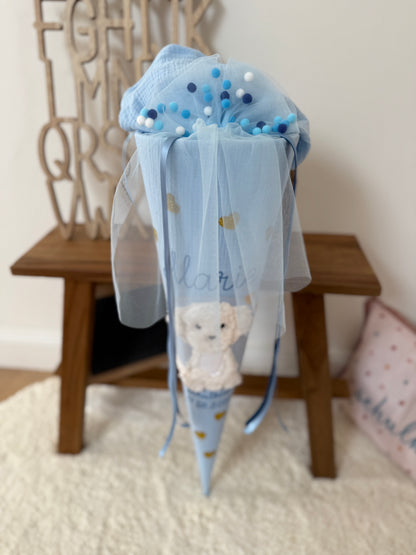 Musselin Schultüte 70 cm Blau für Mädchen mit Pompon-Tüllschleife, weißer Hund, Welpe zur Einschulung - optional mit Kisseninlett